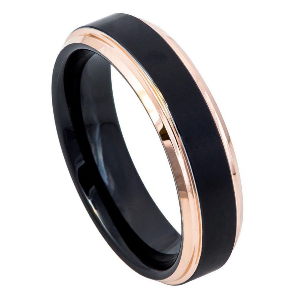 Men's Black and Rose Gold Beveled Edge Tungsten Wedding Band- 6mm Engraved Tungsten Ring