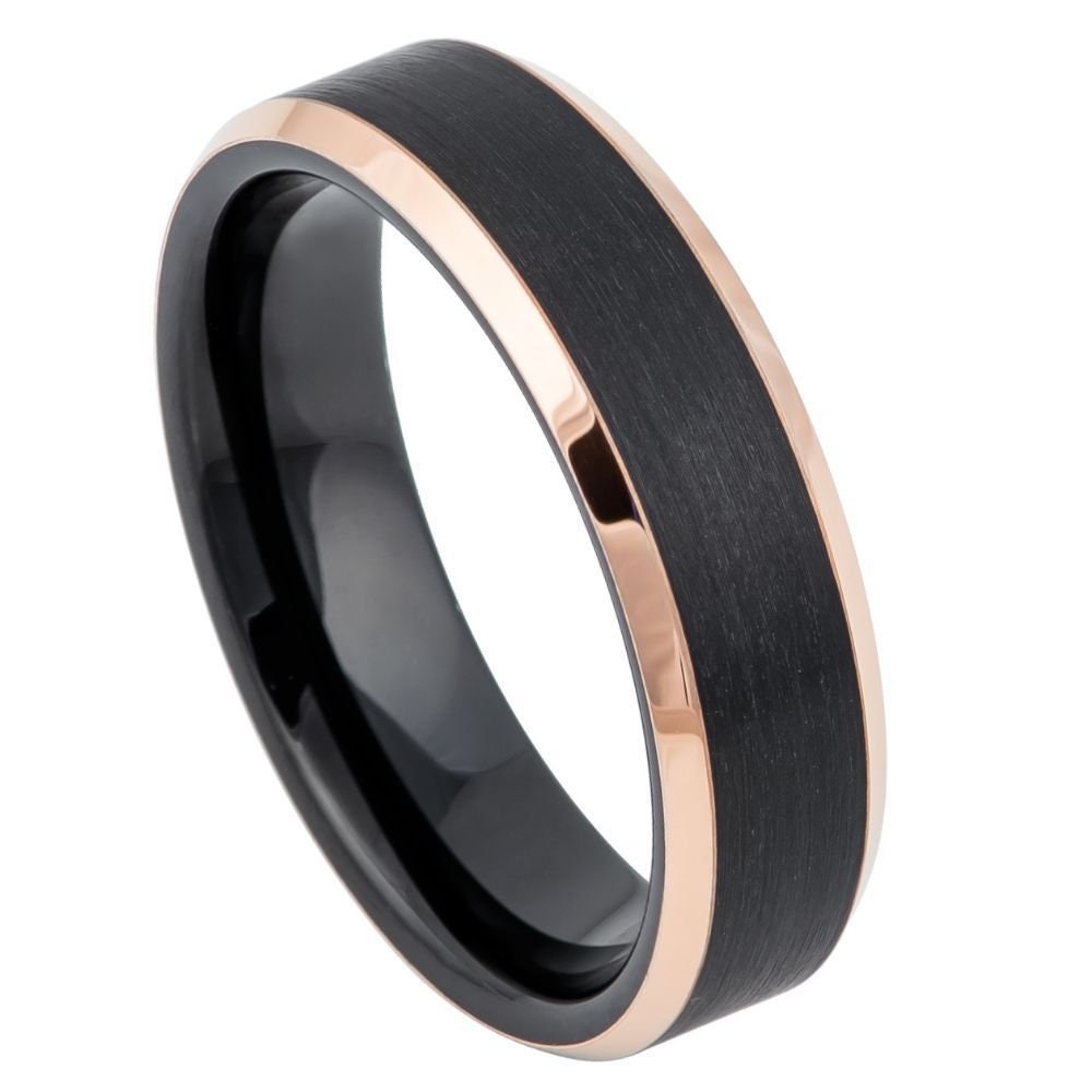 Men's Black and Rose Gold Beveled Edge Tungsten Band- 6mm Engraved Tungsten Ring