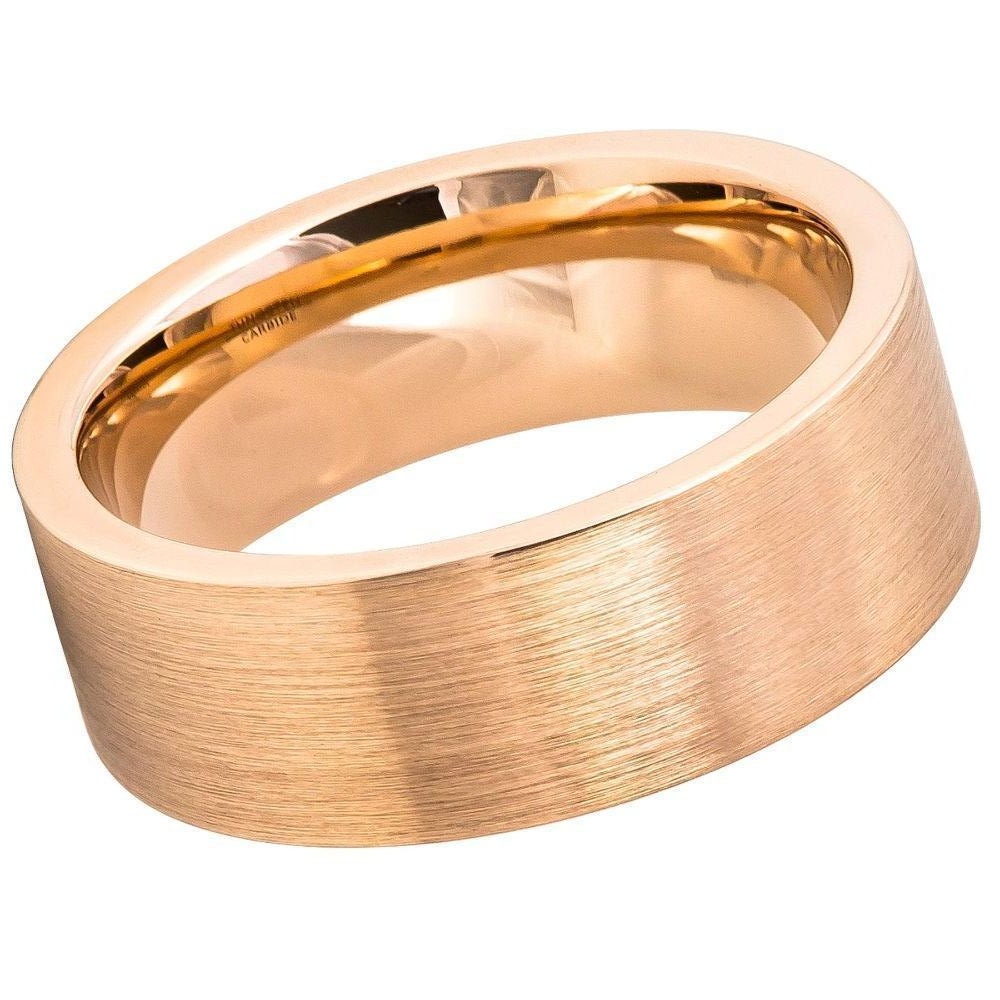 Men's Flat Rose Gold Tungsten Couple Matching Anniversary Band- 8mm Engraved Tungsten Ring