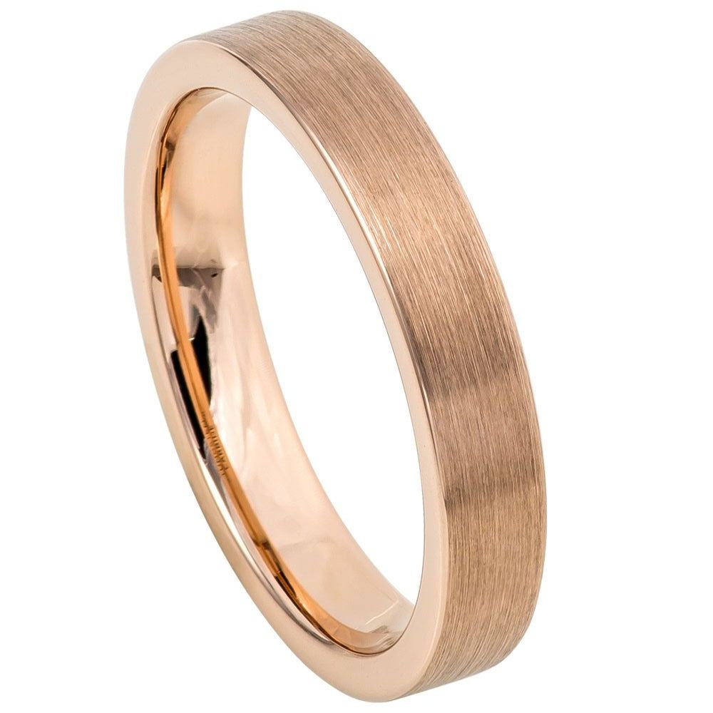 Men's Rose Gold Tungsten Carbide Wedding Tungsten Ring Brushed Center Beveled Edge Comfort Fit- 4mm Engraved Tungsten Ring