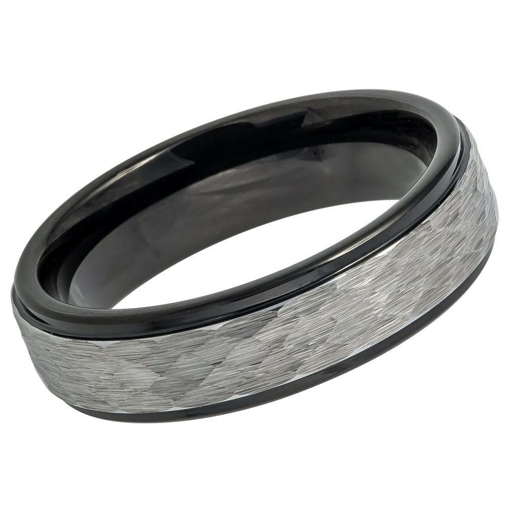 Men's Gray And Black Tungsten Carbide Hammered Design Comfort Fit- 8mm Engraved Tungsten Ring