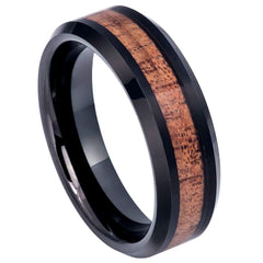 Men's Brown Wood Inlay Black Tungsten Carbide- 8mm Engraved Tungsten Ring