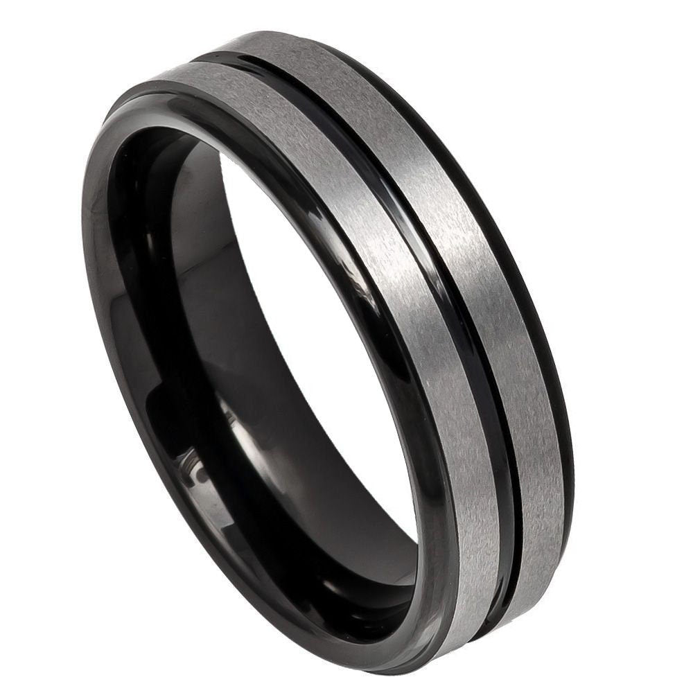 Men's Tungsten Carbide Black Thin Grooved Gray Brushed Comfort Fit Carbide- 6mm Engraved Tungsten Ring