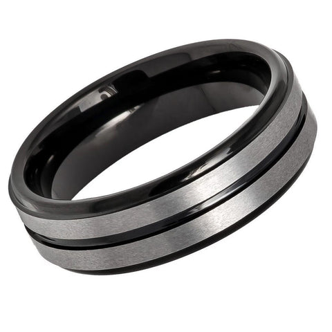 Men's Tungsten Carbide Black Thin Grooved Gray Brushed Comfort Fit Carbide- 6mm Engraved Tungsten Ring