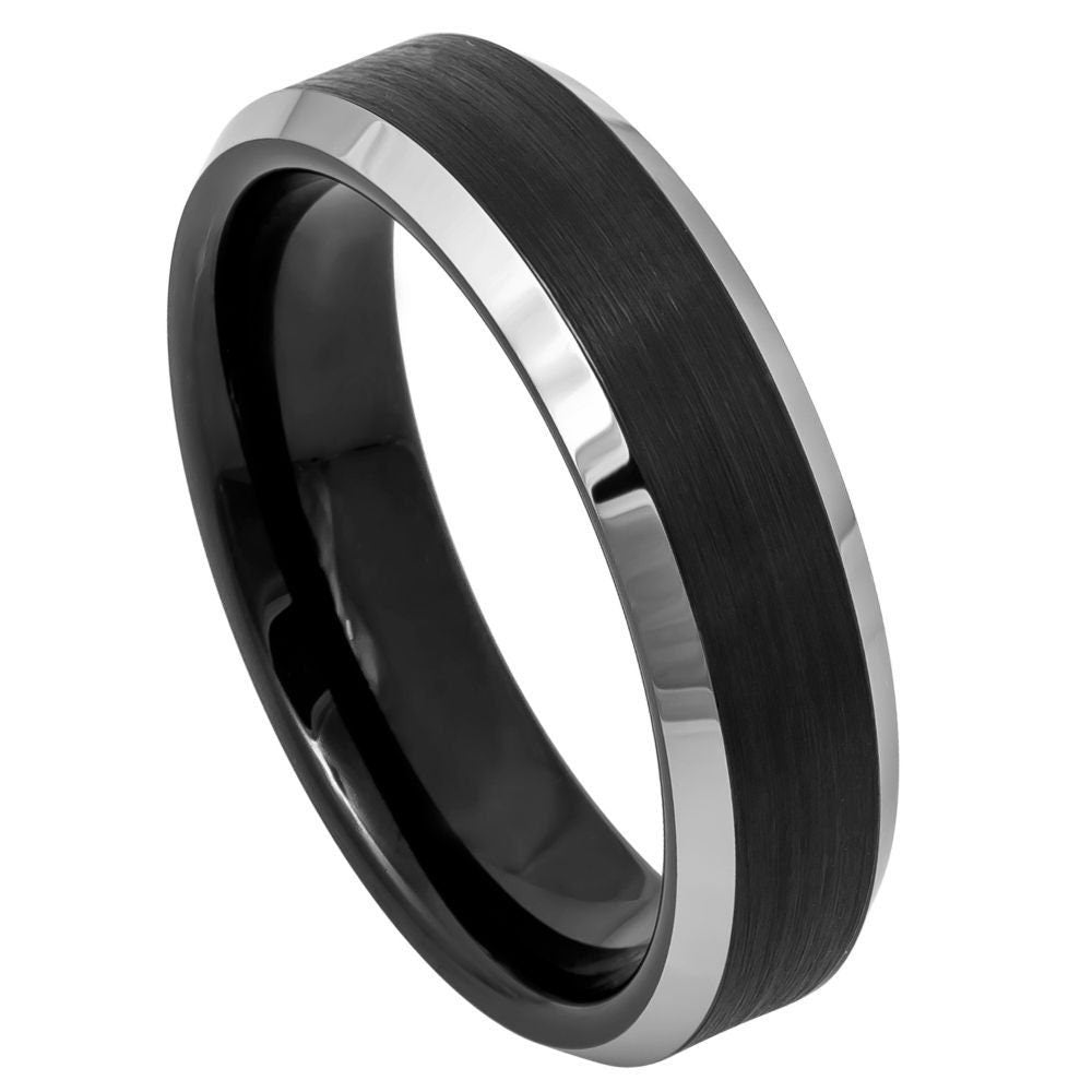 Men's Tungsten Wedding Band with Black Brushed Center Notche in Beveled Edges- 6mm Engraved Tungsten Ring