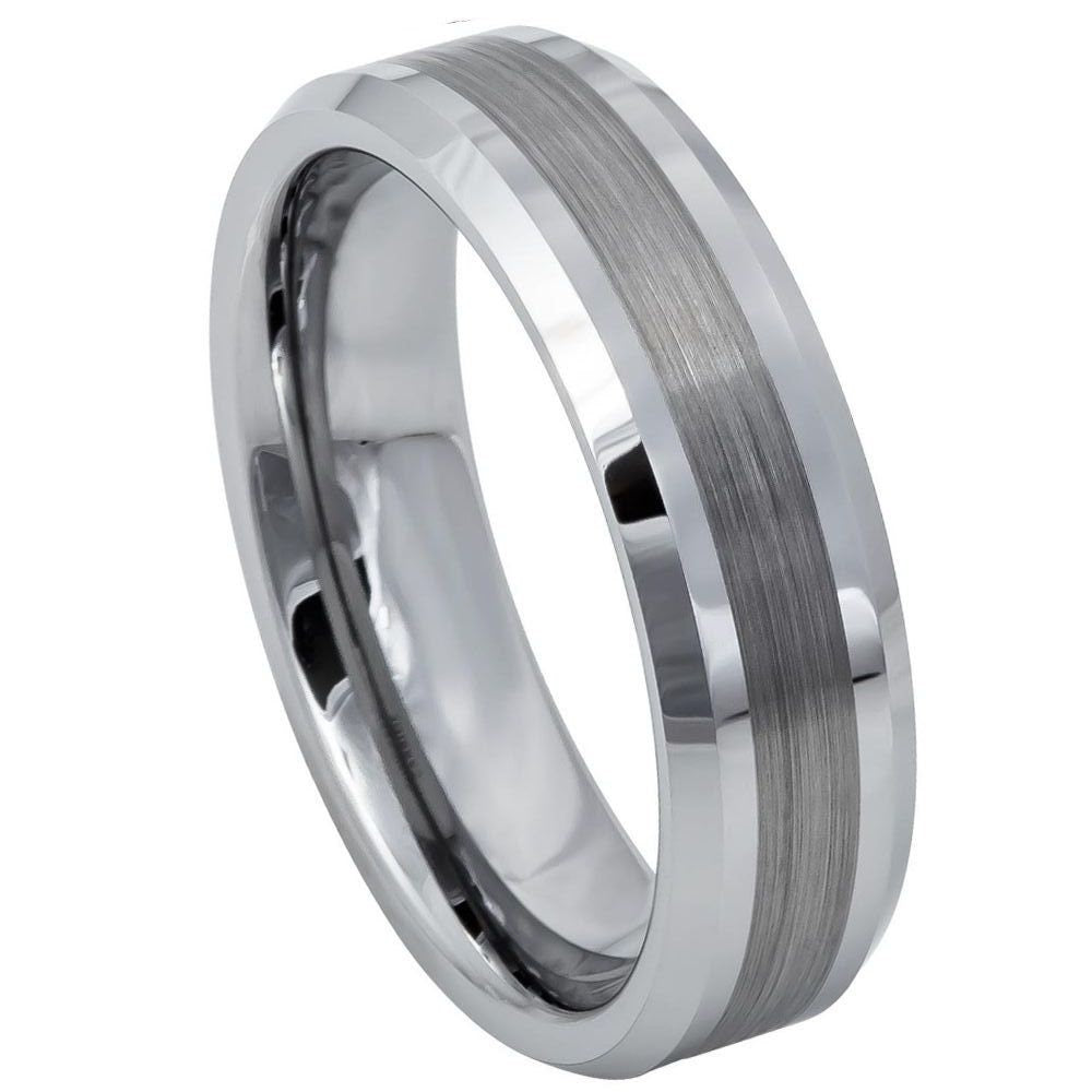 Men's Tungsten Silver Wedding Band With Gray Brushed Center Notche in Beveled Edges- 6mm Engraved Tungsten Ring