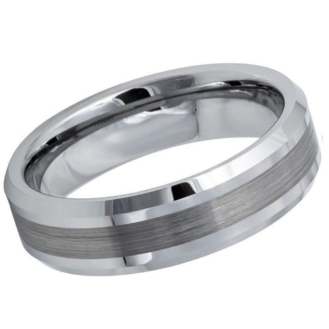 Men's Tungsten Silver Wedding Band With Gray Brushed Center Notche in Beveled Edges- 6mm Engraved Tungsten Ring