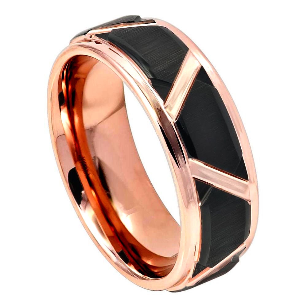 Men's Rose Gold Black Tungsten Engagement Band- 8mm Engraved Tungsten Ring