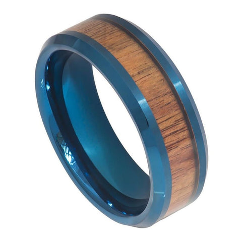 Men's Olivet Tungsten Blue Wedding Band Santos Wood Inlay- 8mm Engraved Tungsten Ring