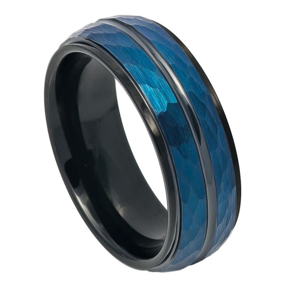 Men's Two Tone Blue And Black Hammered Finish Tungsten Comfort Fit- 8mm Engraved Tungsten Ring