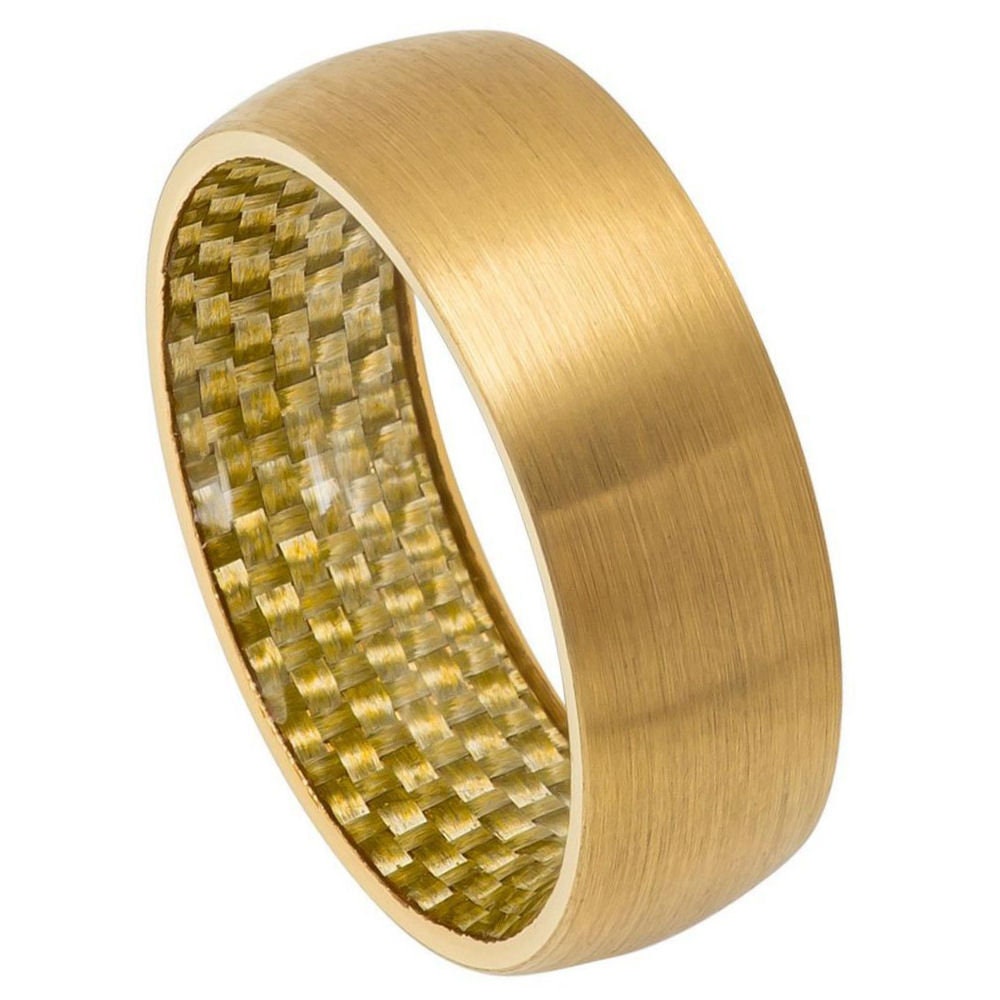 Men's Yellow Gold Tungsten Wedding Band With Gold Carbon Fiber Inlay Domed Comfort Fit- 8mm Engraved Tungsten Ring