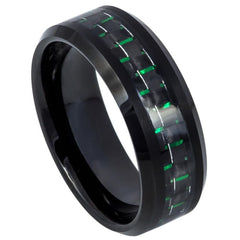 Men's Dome Black Ceramic Tungsten Ring Anniversary Band With Black And Green Carbon Fiber Inaly- 8mm Engraved Tungsten Ring