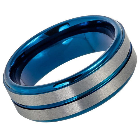 Men's Wedding Tungsten Ring Blue Tungsten Gray Brushed Inlay Center- 8mm Engraved Tungsten Ring