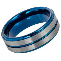 Men's Wedding Tungsten Ring Blue Tungsten Gray Brushed Inlay Center- 8mm Engraved Tungsten Ring