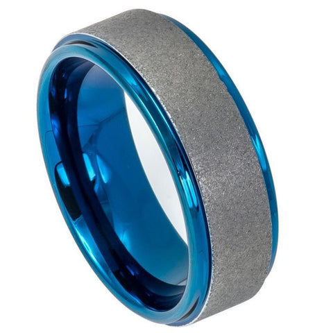 Men's Two Tone Blue And Silver Tungsten With Sandblasted Center Wedding- 8mm Engraved Tungsten Ring