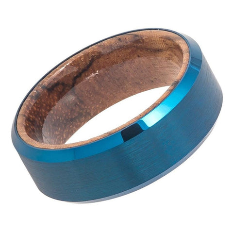 Men's Blue Finish Tungsten Carbide Tungsten Ring with Inside Wood Inlay Wedding- 8mm Engraved Tungsten Ring