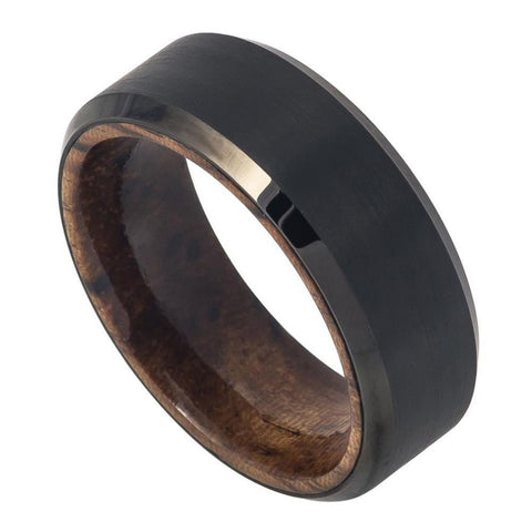 Men's Black Finish Tungsten Carbide With Inside Wood Inlay- 8mm Engraved Tungsten Ring