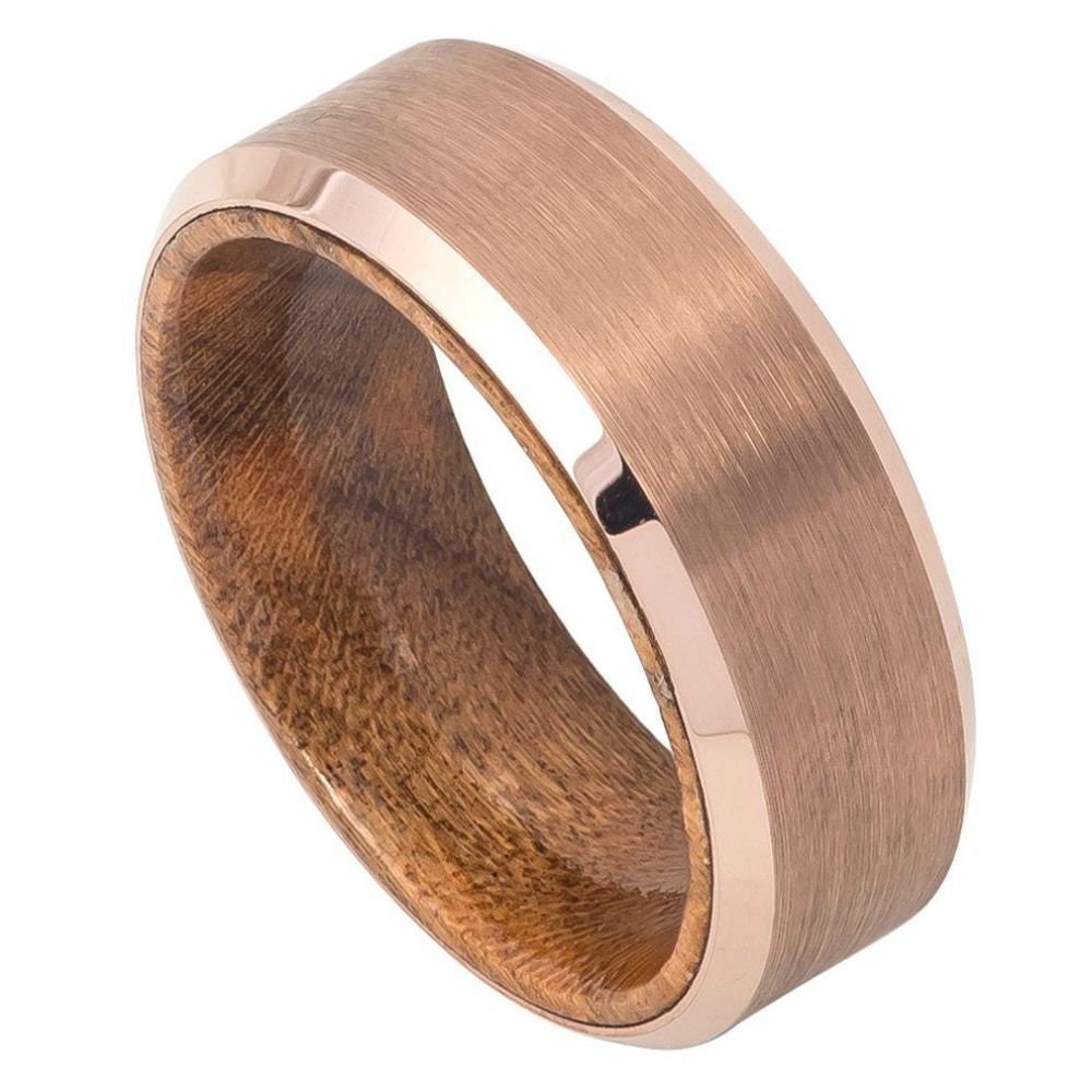 Men's Rose Gold Finish Tungsten Carbide With Inside Wood Inlay Wedding- 8mm Engraved Tungsten Ring