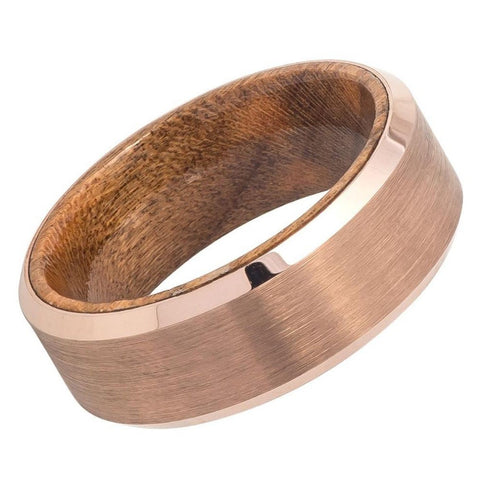 Men's Rose Gold Finish Tungsten Carbide With Inside Wood Inlay Wedding- 8mm Engraved Tungsten Ring