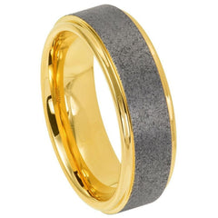 Men's Tungsten Yellow Gold Dark Gray Sandblasted With Yellow Gold Edge- 8mm Engraved Tungsten Ring