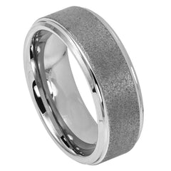 Men's Two Tone Silver And Gray Tungsten Wedding With Sandblasted Center- 8mm Engraved Tungsten Ring