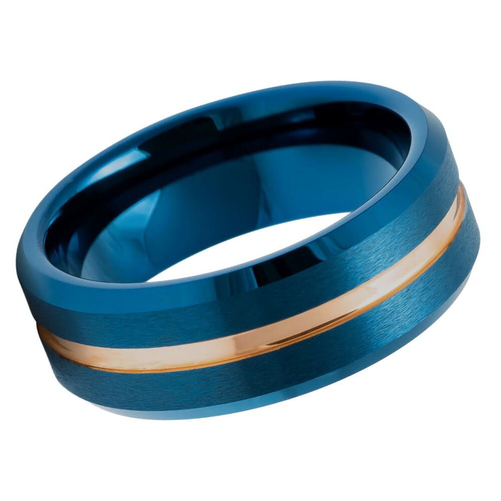 Men's Rose Gold and Sapphire Blue Tungsten Wedding- 8mm Tungsten Ring