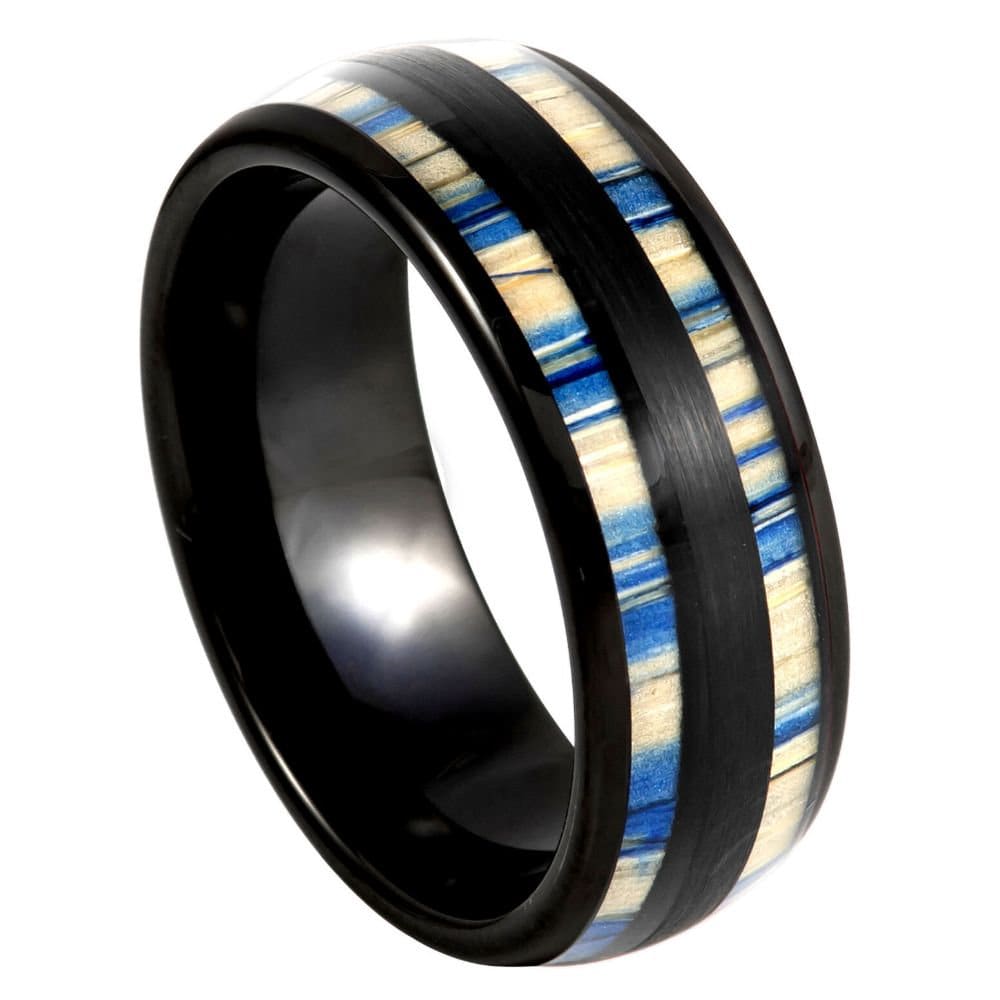 Men's Black Band and Wooded Blue Pinstripe Tungsten Anniversary- 8mm Tungsten Ring