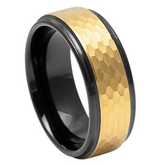 Men's Black Band and Gold Hammered Tungsten Wedding- 8mm Tungsten Ring