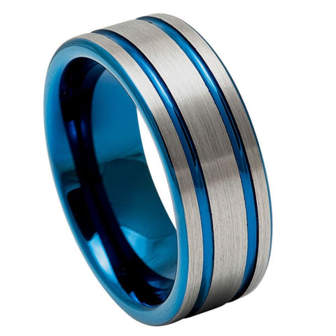 Men's Silver Band With Sapphire Blue Grooved Tungsten Engagement- 8mm Tungsten Ring