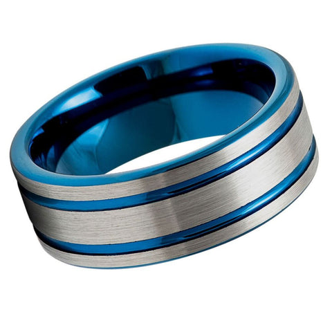 Men's Silver Band With Sapphire Blue Grooved Tungsten Engagement- 8mm Tungsten Ring