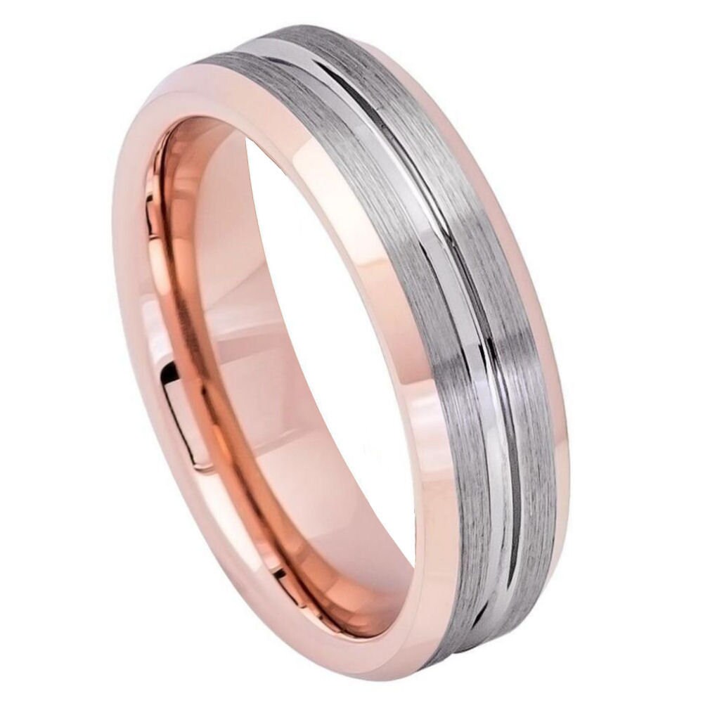 Men's Rose Gold Band With Brushed Silver Tungsten Wedding- 6mm Tungsten Ring