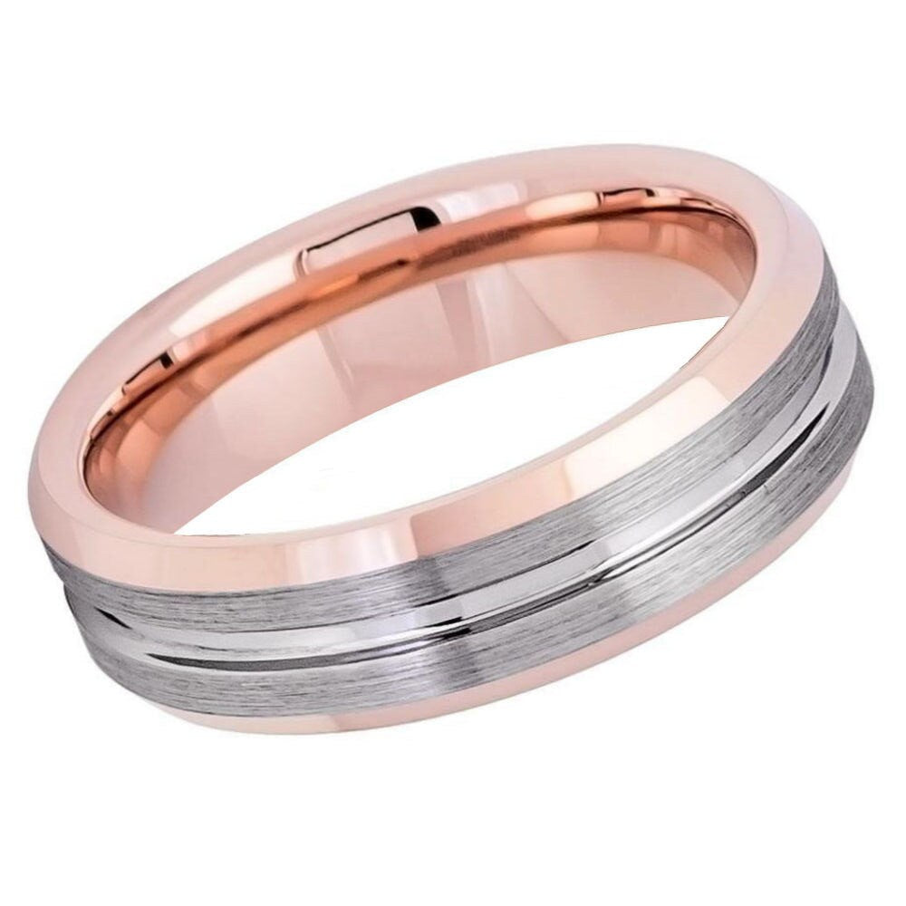 Men's Rose Gold Band With Brushed Silver Tungsten Wedding- 6mm Tungsten Ring