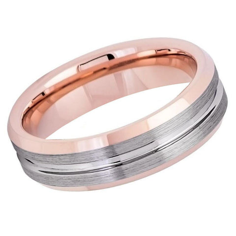 Men's Rose Gold Band With Brushed Silver Tungsten Wedding- 6mm Tungsten Ring