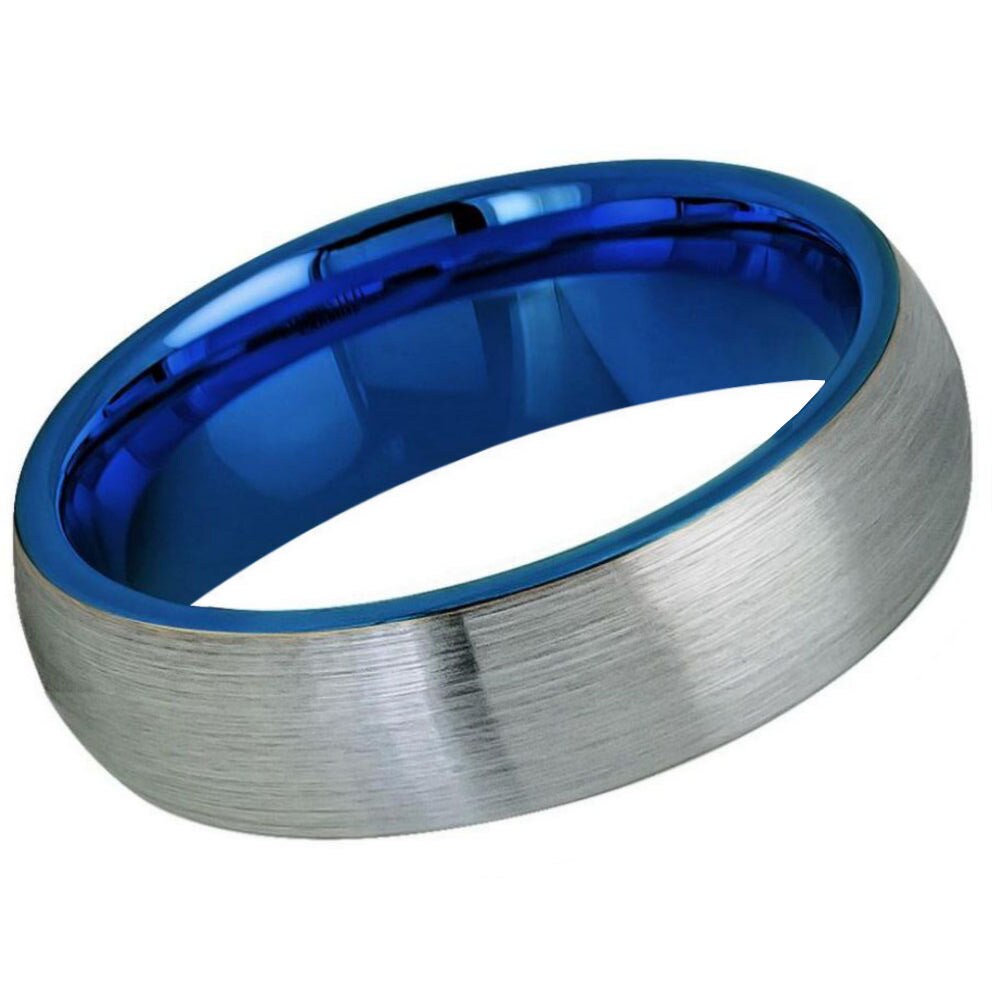 Men's Silver Grey With Sapphire Blue Band Tungsten Anniversary- 6mm Tungsten Ring