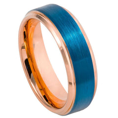 Men's Brushed Saphire Blue with Rose Gold  Tungsten Anniversary- 6mm Tungsten Ring