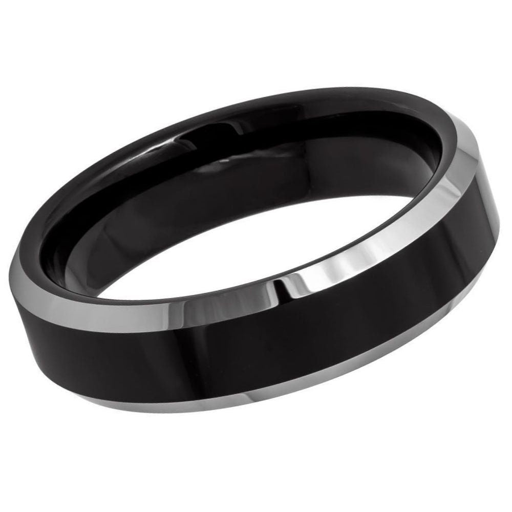 Men's Black Plated Brushed Center High Polished Silver Anniversary- 6mm Engraved Tungsten Ring