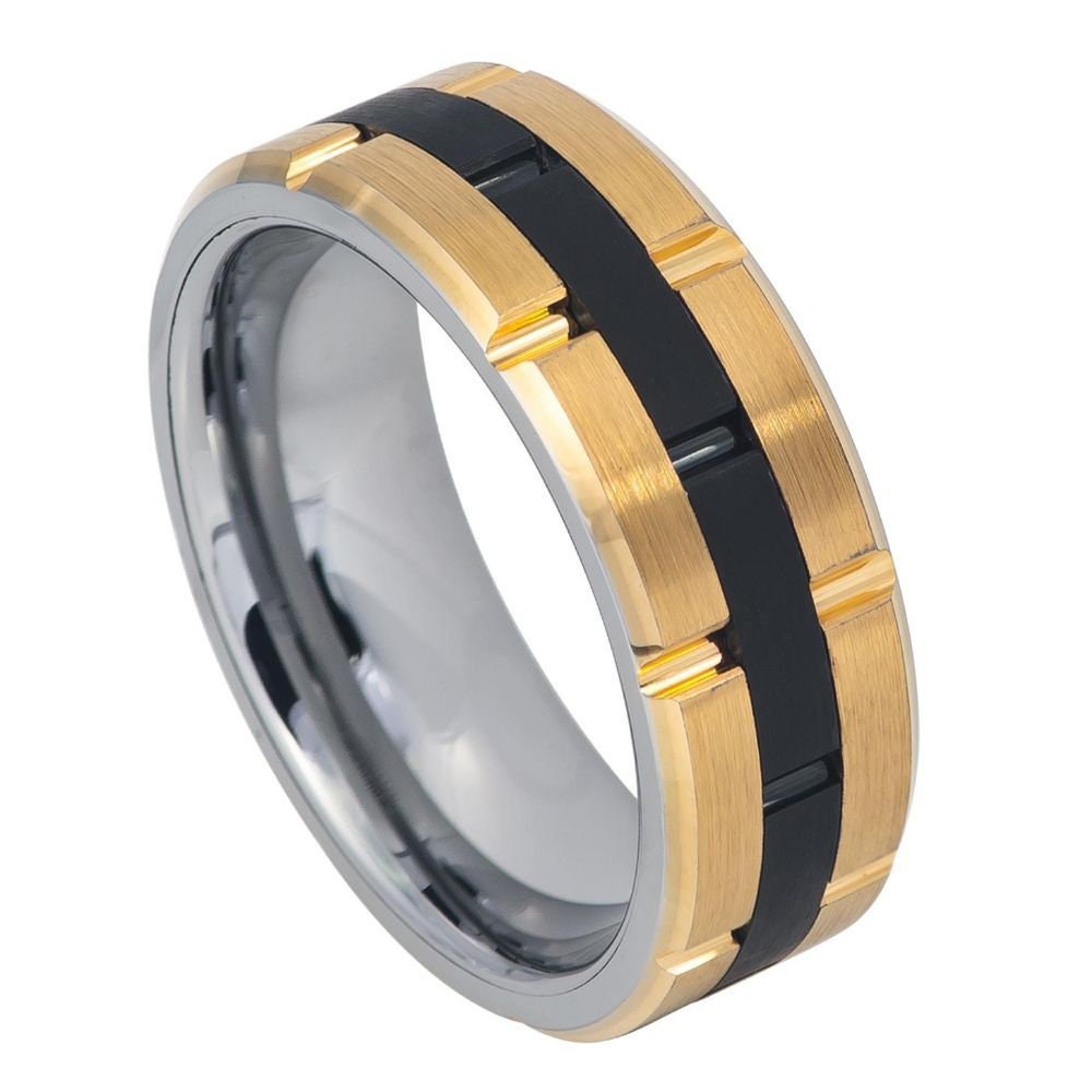Men's Tungsten Black Gold Wedding- 8mm Engraved Tungsten Ring