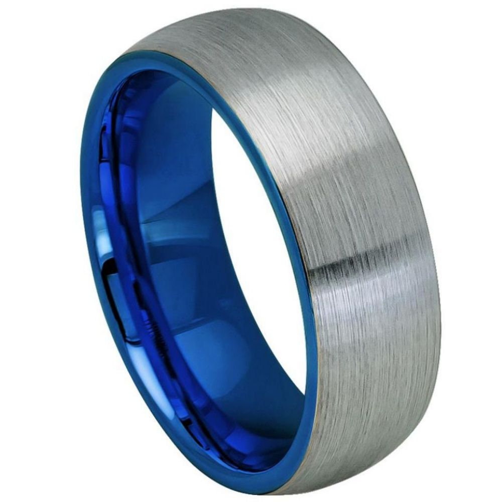 Men's Domed Silver Brushed Tungsten Wedding Band With Blue Inside- 8mm Engraved Tungsten Ring