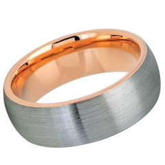 Men's Domed Silver Brushed Tungsten Wedding Band With Rose Gold Inside- 8mm Engraved Tungsten Ring