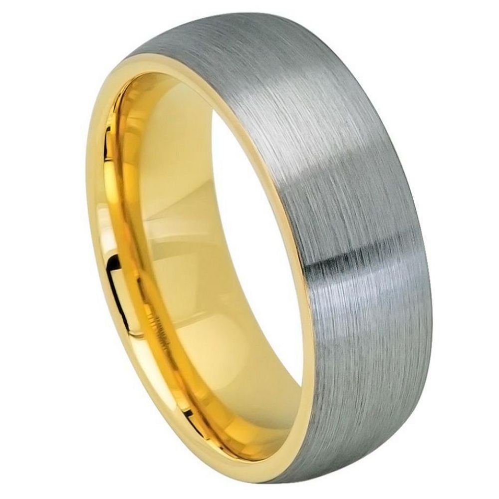 Men's Domed Silver Brushed Tungsten Wedding Band With Yellow Gold Inside- 8mm Engraved Tungsten Ring