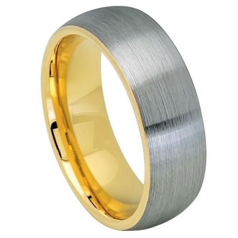 Men's Domed Silver Brushed Tungsten Wedding Band With Yellow Gold Inside- 8mm Engraved Tungsten Ring