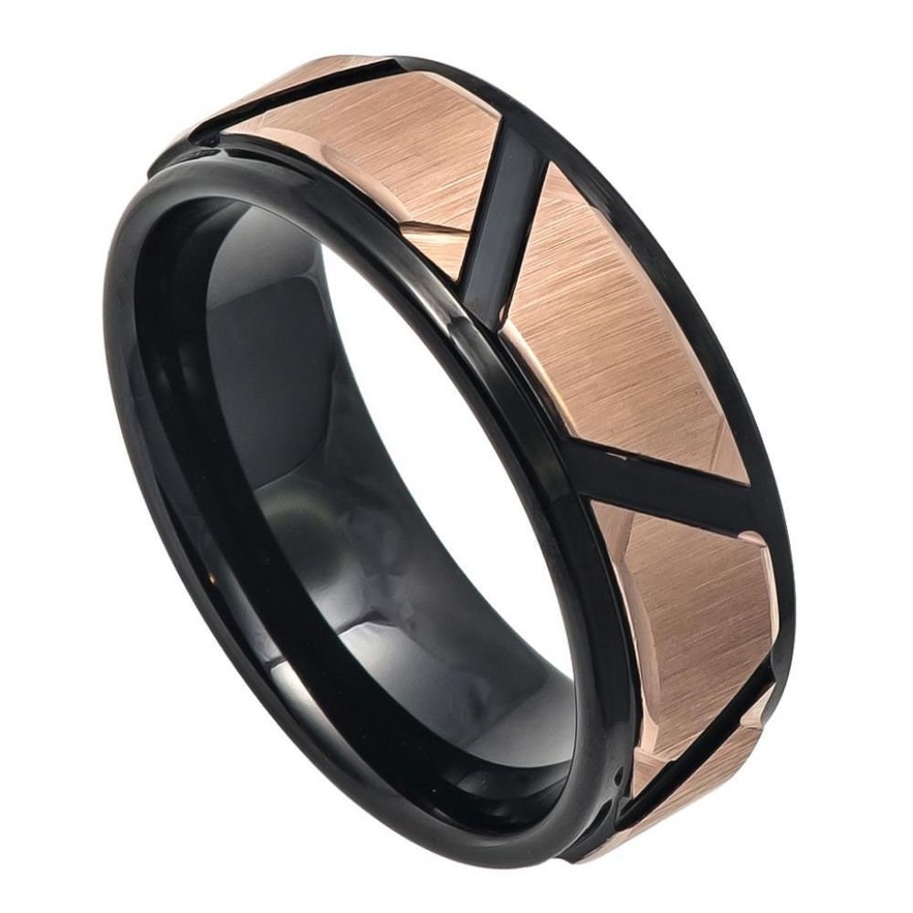 Men's Tungsten Rose Gold Brushed Trapezoid Center High Polished Black Gold Grooves Stepped Edge Wedding Band- 8mm Tungsten Ring