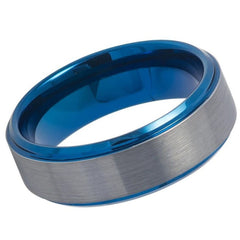 Men's Blue Plated Tungsten Silver Brushed Wedding- 8mm Engraved Tungsten Ring