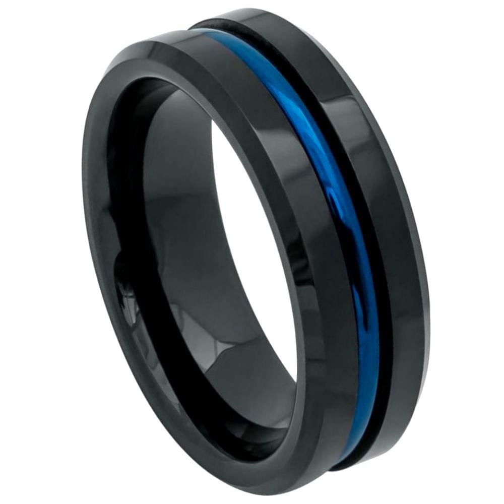 Men's Black Tungsten With Blue Grooved Center And High Polished Beveled Edge 8 & 6mm Engraved Tungsten Ring