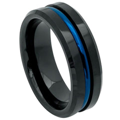 Men's Black Tungsten With Blue Grooved Center And High Polished Beveled Edge 8 & 6mm Engraved Tungsten Ring