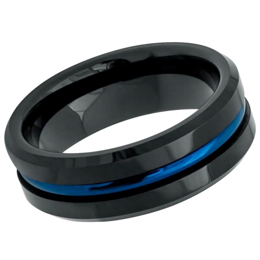 Men's Black Tungsten With Blue Grooved Center And High Polished Beveled Edge 8 & 6mm Engraved Tungsten Ring