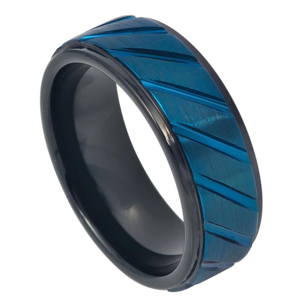 Men's Black Brushed Tungsten With Diagonal Grooves in Blue Center Step Edges Wedding- 8mm Engraved Tungsten Ring