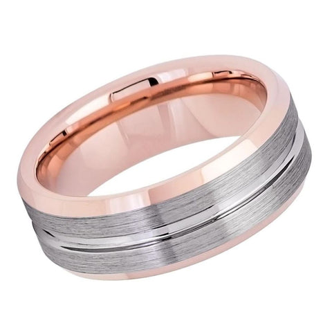 Men's Silver And Rose Gold Flat Tungsten With Brushed Center Wedding- 8mm Engraved Tungsten Ring