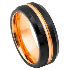 Men's Rose Gold Band and Black Brushed Hammered With Pin Stripe Rose Gold Tungsten Wedding- 8mm Tungsten Ring