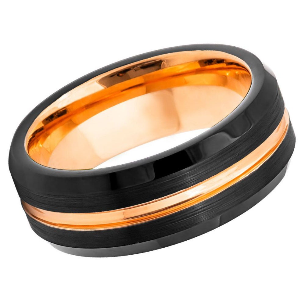 Men's Rose Gold Band and Black Brushed Hammered With Pin Stripe Rose Gold Tungsten Wedding- 8mm Tungsten Ring